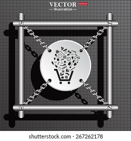 White circle with chains on a background of gray plastic structure. Metal.  Set of icons. Put into shopping cart. Great buy. Cart of goods. Supermarket, web icon. vector design