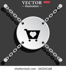 White circle with chains on a black background.   Favorite products. Favorite purchase. Heart.  put in shopping cart , vector illustration, EPS 10