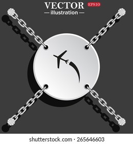 White circle with chains on a black background.  The plane takes off. Icon plane. Vector illustration, EPS 10