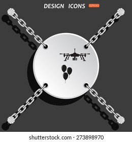 White circle with chains on a black background.  Aerial photography. Festive balloons. Quadrocopter. icon. vector design