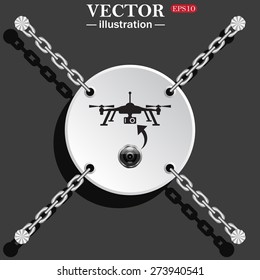 White circle with chains on a black background. Quadrocopter. icon. vector design
