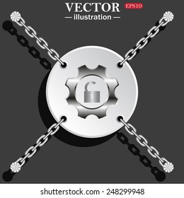 White circle with chains on a gray background with shadow. unlock settings , vector illustration, EPS 10