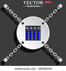 White circle with chains on a gray background with shadow. battery charger with batteries, vector illustration, EPS 10 