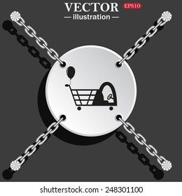White circle with chains on a gray background with shadow. Shopping with a cabin for children and inflatable festive ball. Vector illustration, EPS 10