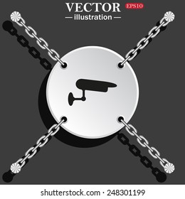 White circle with chains on a gray background with shadow. surveillance Camera, vector illustration, EPS 10