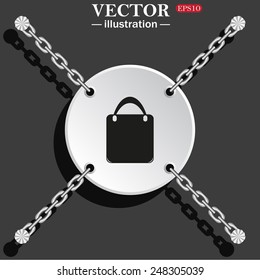 White circle with chains on a gray background with shadow. Shopping basket, bag, vector illustration, EPS 10