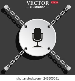 White circle with chains on a gray background with shadow. Microphone. Voice recording, vector illustration, EPS 10