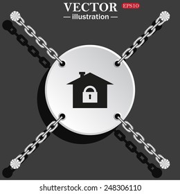 White circle with chains on a gray background with shadow. House, access is closed, locked,  vector illustration, EPS 10