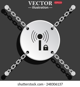 White circle with chains on a gray background with shadow. Wireless network access is closed, locked, vector illustration, EPS 10