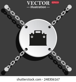 White circle with chains on a gray background with shadow. car battery, vector illustration, EPS 10