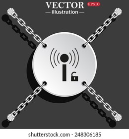 White circle with chains on a gray background with shadow. Wireless network access is open, unlocked , vector illustration, EPS 10