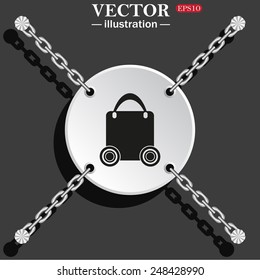 White circle with chains on a gray background with shadow.  bag on wheels , vector illustration, EPS 10