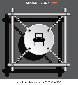 White circle with chains on a gray background. Computer desk, workplace. icon. vector design