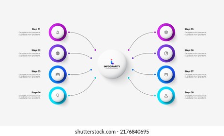 White circle with colorful circles elements on the both sides. Abstract flowchart infographic with 8 options.