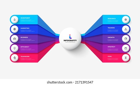 White Circle With Colorful Rounded Elements On The Side. Abstract Flowchart Infographic With 10 Options.