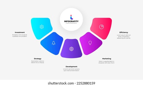 White circle with colorful rounded elements on the side. Abstract flowchart infographic with 5 options.