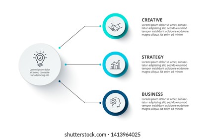 White circle connected by thin lines with three color circles. Creative concept for infographic with 3 options.