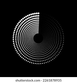 A white circle of dotted halftones on a black background. A design element. Minimalist background. Vector illustration.