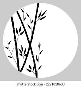 White circle, drawing of bamboo trees. Round frame with branches, bamboo leaves, copy space. Minimalistic background, template for postcard, cover, poster, flyer, banner. Oriental restrained style.
