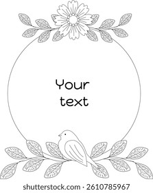white circle floral design with flower at the top and bird at the bottom sitting on a branch in the center place for text vector line art