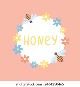 white circle of flowers and bees with word honey on pink background