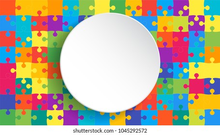 White circle frame, background, banner, blank on the vector jigsaw puzzle separate pieces, mosaic, details, tiles, parts. Game group detail. Circle outline abstract jigsaw.