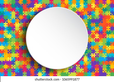 White circle frame, background, banner, blank on the vector jigsaw puzzle separate pieces, mosaic, details, tiles, parts. Game group detail. Circle outline abstract jigsaw.