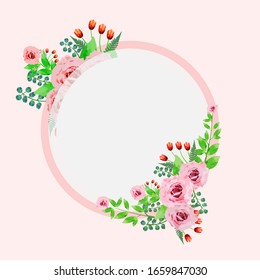 White circle frame with elegant water colour flowers and pink roses. Vector image