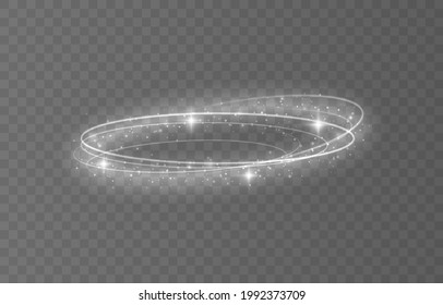 Marco de círculo blanco con efecto de luz brillante. Un destello plateado vuela en círculo en un anillo luminoso.