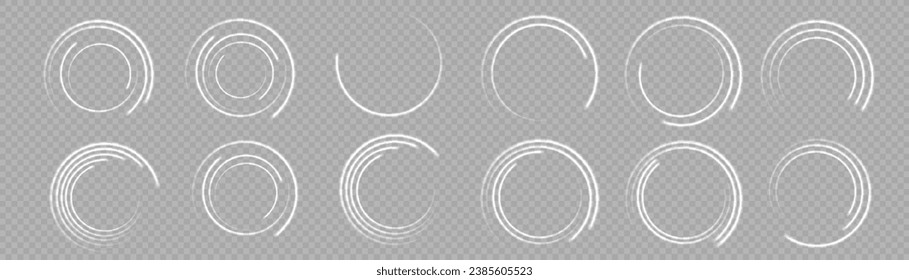 
The white circle glows with light on a transparent background. The white circle lines curl into a circle. Bright Star. Swirl white circles, swirl lines white. Vector light circles with bright sparks.