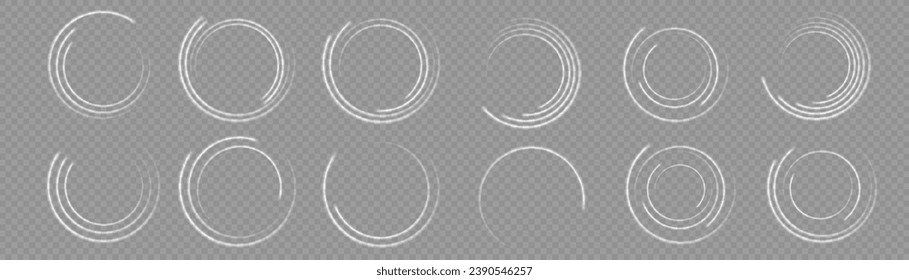 
The white circle glows with light on a transparent background. The white circle lines curl into a circle. Bright Star. Swirl white circles, swirl lines white. Vector light circles with bright sparks.