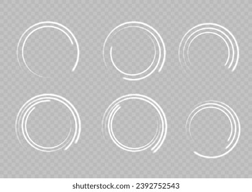 
The white circle glows with light on a transparent background. The white circle lines curl into a circle. Bright Star. Swirl white circles, swirl lines white. Vector light circles with bright sparks.