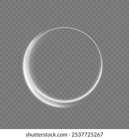 The white circle glows with light on a transparent background. The white circle lines curl into a circle. Bright Star. Swirl white circles, swirl lines white. Vector light circles with bright sparks.