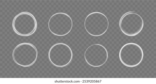 The white circle glows with light on a transparent background. The white circle lines curl into a circle. Bright Star. Swirl white circles, swirl lines white. Vector light circles with bright sparks.