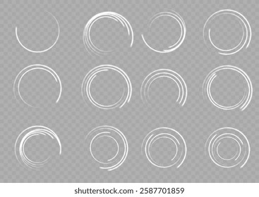The white circle glows with light on a transparent background. The white circle lines curl into a circle. Bright Star. Swirl white circles, swirl lines white. Vector light circles with bright sparks.