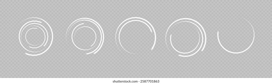 The white circle glows with light on a transparent background. The white circle lines curl into a circle. Bright Star. Swirl white circles, swirl lines white. Vector light circles with bright sparks.