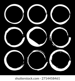 Grade de círculo branco. Nove anéis grunge. Loops de tinta de vetor. Padrão redondo abstrato. EPS 10.