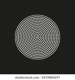 White circle halftone of white dots on black background, design element