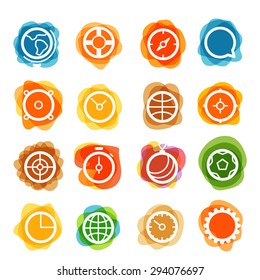 White circle icons clip-art on color blots. Design elements