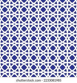 White circle interlaced pattern on blue background. White interlocking pattern on blue backdrop.