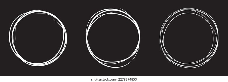 White circle line hand drawn set. Highlight hand drawing circle isolated on background. Round handwritten circle. For marking text, note, mark icon, number, marker pen, pencil and text check, vector
