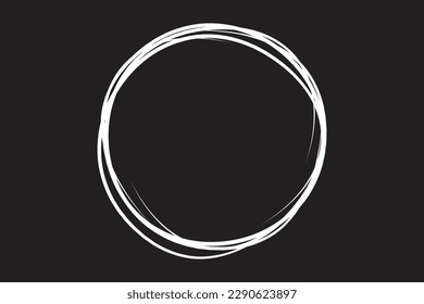 White circle line hand drawn. Highlight hand drawing circle isolated on black background. Round handwritten circle. For marking text, note, mark icon, number, marker pen, pencil and text check, vector