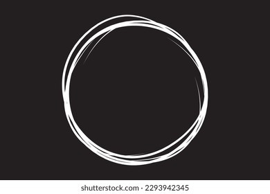 White circle line hand drawn. Highlight hand drawing circle isolated on black background. Round handwritten circle. For marking text, note, mark icon, number, marker pen, pencil and text check, vector