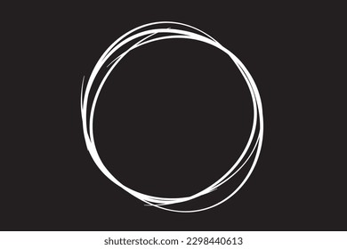 White circle line hand drawn. Highlight hand drawing circle isolated on black background. Round handwritten circle. For marking text, note, mark icon, number, marker pen, pencil and text check, vector