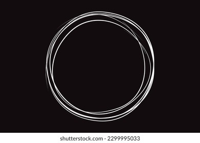 White circle line hand drawn. Highlight hand drawing circle isolated on black background. Round handwritten circle. For marking text, note, mark icon, number, marker pen, pencil and text check, vector