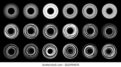 Líneas de círculo blanco aisladas en el fondo blanco. Conjunto de marco de línea de rayas circulares.  Elemento de diseño de logotipo. Borde redondo con textura de rayas redondeadas. Emblema vectorial.
