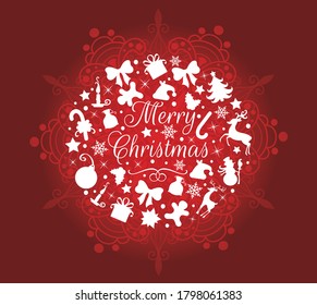 White circle with Merry Christmas text and christmas silhouettes. Pattern in a shape of a snowflake on the red background.Vector illustration.