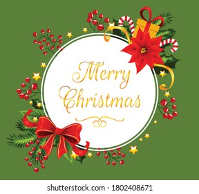 White circle with Merry Christmas text decorated with christmas details.