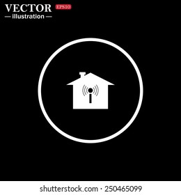 White circle on a black background. The house is surrounded by a network wi-fi , vector illustration, EPS 10