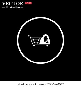 White circle on a black background. Shopping basket with cabin for children, vector illustration, EPS 10